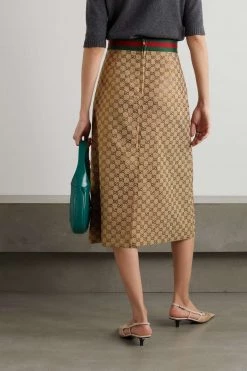 GUCCI Aria Verzierter Midirock Aus Bedrucktem Canvas Aus Einer Baumwollmischung Mit Lederbesätzen ,Camel -Gucci Verkäufe w920 q60 752