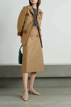 GUCCI Aria Verzierter Midirock Aus Bedrucktem Canvas Aus Einer Baumwollmischung Mit Lederbesätzen ,Camel -Gucci Verkäufe w920 q60 754