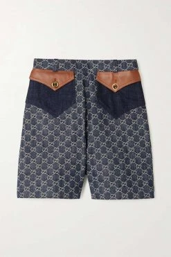GUCCI + NET SUSTAIN Jeansshorts Aus Bio-Denim Mit Jacquard-Muster Und Lederbesätzen ,Blau
