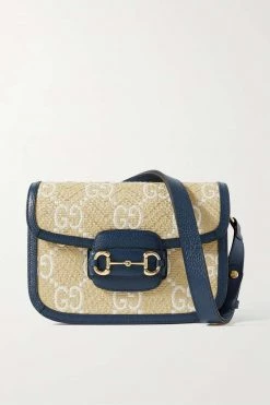 GUCCI Horsebit 1955 Schultertasche Aus Raffiabast Mit Lederbesätzen ,Blau