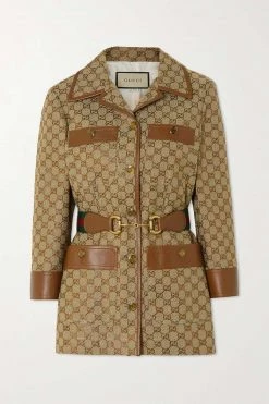 GUCCI Aria Jacke Aus Canvas Aus Einer Baumwollmischung Mit Jacquard-Muster, Lederbesätzen Und Gürtel ,Camel