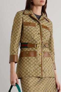GUCCI Aria Jacke Aus Canvas Aus Einer Baumwollmischung Mit Jacquard-Muster, Lederbesätzen Und Gürtel ,Camel -Gucci Verkäufe w920 q60 919