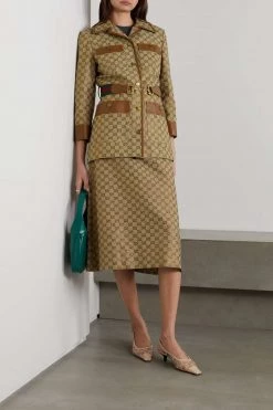 GUCCI Aria Jacke Aus Canvas Aus Einer Baumwollmischung Mit Jacquard-Muster, Lederbesätzen Und Gürtel ,Camel -Gucci Verkäufe w920 q60 922