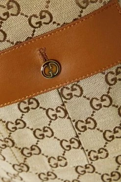 GUCCI Schlaghose Aus Canvas Aus Einer Baumwollmischung Mit Jacquard-Muster Und Lederbesätzen ,Camel -Gucci Verkäufe w920 q60 935